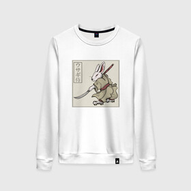 Женский свитшот хлопок с принтом Кролик Самурай Rabbit Samurai в Рязани, 100% хлопок | прямой крой, круглый вырез, на манжетах и по низу широкая трикотажная резинка  | art | cyberpunk samurai | ninja | oni | rdsmry | ronin | samurai | shogun | ukiyo e | арт | живопись | животные | заяц | киберпанк самурай | мерч | прикол | путь воина | путь самурая | ронин | сёгун | токио | укиё э | фреска | харакири