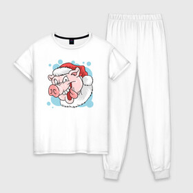 Женская пижама хлопок с принтом Отвязный Джек в Рязани, 100% хлопок | брюки и футболка прямого кроя, без карманов, на брюках мягкая резинка на поясе и по низу штанин | новый год | поросёнок | праздник | рождество | свинья | сочельник