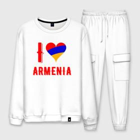 Мужской костюм хлопок с принтом I Love Armenia в Рязани, 100% хлопок | на свитшоте круглая горловина, мягкая резинка по низу. Брюки заужены к низу, на них два вида карманов: два “обычных” по бокам и два объемных, с клапанами, расположенные ниже линии бедра. Брюки с мягкой трикотажной резинкой на поясе и по низу штанин. В поясе для дополнительного комфорта — широкие завязки | armenia | armenya | love | арарат | армения | армяне | армянин | арцах | горы | ереван | кавказ | любовь | народ | саркисян | сердце | ссср | страна | флаг