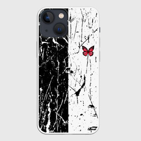 Чехол для iPhone 13 mini с принтом ЧБ ГРАНЖ | RED BUTTERFLY (Z) в Рязани,  |  | Тематика изображения на принте: abstract | geometry | geometry stripes | grunge | red butterfly | texture | абстракция | бабочка | брызги | геометрические полосы | геометрия | гранж | краска | красная бабочка | потертости | текстура