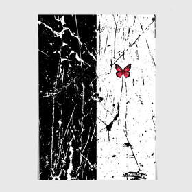 Постер с принтом ЧБ ГРАНЖ RED BUTTERFLY (Z) в Рязани, 100% бумага
 | бумага, плотность 150 мг. Матовая, но за счет высокого коэффициента гладкости имеет небольшой блеск и дает на свету блики, но в отличии от глянцевой бумаги не покрыта лаком | Тематика изображения на принте: abstract | geometry | geometry stripes | grunge | red butterfly | texture | абстракция | бабочка | брызги | геометрические полосы | геометрия | гранж | краска | красная бабочка | потертости | текстура