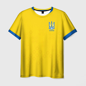 Мужская футболка 3D+ с принтом Украина домашняя форма в Рязани, 100% микрофибра | круглый вырез горловины, длина до линии бедер | champion | championship | euro | uefa | ukraine | атрибутика | домашняя | евро | уефа | украина | фанатская | форма | футбол | чемпион европы