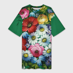 Платье-футболка 3D с принтом Ромашки на зеленом фоне в Рязани,  |  | декоративная роспись | живопись | жостово | жостовская роспись | ромашки | цветы