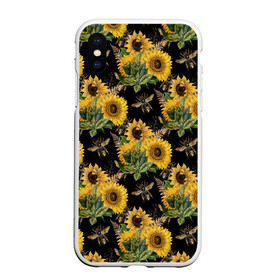 Чехол для iPhone XS Max матовый с принтом Fashion Sunflowers and bees в Рязани, Силикон | Область печати: задняя сторона чехла, без боковых панелей | black | fashion | flowers | flowers lovers | sunflower | sunflowers | букет подсолнухов | весенние подсолнухи | жёлтые подсолнухи | летние подсолнухи | летние цветы | насекомые | подсолнечник | подсолнухи