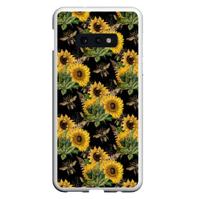 Чехол для Samsung S10E с принтом Fashion Sunflowers and bees в Рязани, Силикон | Область печати: задняя сторона чехла, без боковых панелей | black | fashion | flowers | flowers lovers | sunflower | sunflowers | букет подсолнухов | весенние подсолнухи | жёлтые подсолнухи | летние подсолнухи | летние цветы | насекомые | подсолнечник | подсолнухи