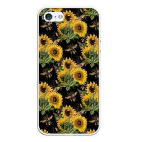 Чехол для iPhone 5/5S матовый с принтом Fashion Sunflowers and bees в Рязани, Силикон | Область печати: задняя сторона чехла, без боковых панелей | black | fashion | flowers | flowers lovers | sunflower | sunflowers | букет подсолнухов | весенние подсолнухи | жёлтые подсолнухи | летние подсолнухи | летние цветы | насекомые | подсолнечник | подсолнухи