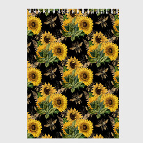 Скетчбук с принтом Fashion Sunflowers and bees в Рязани, 100% бумага
 | 48 листов, плотность листов — 100 г/м2, плотность картонной обложки — 250 г/м2. Листы скреплены сверху удобной пружинной спиралью | black | fashion | flowers | flowers lovers | sunflower | sunflowers | букет подсолнухов | весенние подсолнухи | жёлтые подсолнухи | летние подсолнухи | летние цветы | насекомые | подсолнечник | подсолнухи