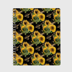 Тетрадь с принтом Fashion Sunflowers and bees в Рязани, 100% бумага | 48 листов, плотность листов — 60 г/м2, плотность картонной обложки — 250 г/м2. Листы скреплены сбоку удобной пружинной спиралью. Уголки страниц и обложки скругленные. Цвет линий — светло-серый
 | black | fashion | flowers | flowers lovers | sunflower | sunflowers | букет подсолнухов | весенние подсолнухи | жёлтые подсолнухи | летние подсолнухи | летние цветы | насекомые | подсолнечник | подсолнухи