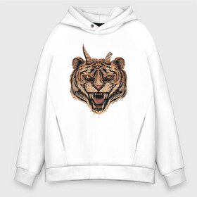 Мужское худи Oversize хлопок с принтом Evil Tiger в Рязани, френч-терри — 70% хлопок, 30% полиэстер. Мягкий теплый начес внутри —100% хлопок | боковые карманы, эластичные манжеты и нижняя кромка, капюшон на магнитной кнопке | животные | зло | рога | тигр | третий глаз