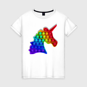 Женская футболка хлопок с принтом Единорог, поп-ит, симпл-димпл в Рязани, 100% хлопок | прямой крой, круглый вырез горловины, длина до линии бедер, слегка спущенное плечо | pop it | rainbow | unicorn | единорог | поп ит | радуга | симпл димпл