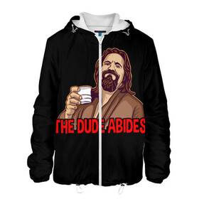 Мужская куртка 3D с принтом The Dude Abides (Lebowski) в Рязани, ткань верха — 100% полиэстер, подклад — флис | прямой крой, подол и капюшон оформлены резинкой с фиксаторами, два кармана без застежек по бокам, один большой потайной карман на груди. Карман на груди застегивается на липучку | abide | big | dude | jeff | lebowski | the | большой | лебовски | фильм | чувак