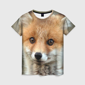 Женская футболка 3D с принтом Миленький лисенок в Рязани, 100% полиэфир ( синтетическое хлопкоподобное полотно) | прямой крой, круглый вырез горловины, длина до линии бедер | fox | foxy | животное | звери | лиса | лисенок | лисичка | милая | рыжая | фокс