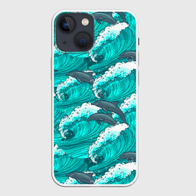 Чехол для iPhone 13 mini с принтом Дельфины в море в Рязани,  |  | dolphin | дельфин | дельфины | море | морские | на голубом | с дельфином
