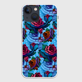 Чехол для iPhone 13 mini с принтом Киты и цветы в Рязани,  |  | whale | белый кит | кит | киты | морские | паттерн | синий кит