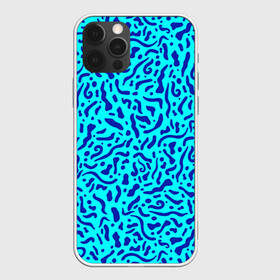 Чехол для iPhone 12 Pro с принтом Неоновые синие узоры в Рязани, силикон | область печати: задняя сторона чехла, без боковых панелей | abstract | blue | neon | sea | абстракционизм | абстракция | африканские | вода | волны | голубые узоры | камуфляж | лагуна | линии | мелкий узор | мемфис | море | морское | неоновый | орнамент | пятна | пятнистый