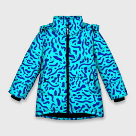 Зимняя куртка для девочек 3D с принтом Неоновые синие узоры в Рязани, ткань верха — 100% полиэстер; подклад — 100% полиэстер, утеплитель — 100% полиэстер. | длина ниже бедра, удлиненная спинка, воротник стойка и отстегивающийся капюшон. Есть боковые карманы с листочкой на кнопках, утяжки по низу изделия и внутренний карман на молнии. 

Предусмотрены светоотражающий принт на спинке, радужный светоотражающий элемент на пуллере молнии и на резинке для утяжки. | abstract | blue | neon | sea | абстракционизм | абстракция | африканские | вода | волны | голубые узоры | камуфляж | лагуна | линии | мелкий узор | мемфис | море | морское | неоновый | орнамент | пятна | пятнистый