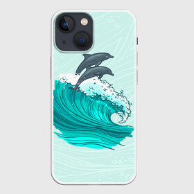 Чехол для iPhone 13 mini с принтом Два дельфина в Рязани,  |  | dolphin | волна | два дельфина | дельфин | дельфины | море | морские | на голубом | с дельфином
