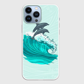 Чехол для iPhone 13 Pro Max с принтом Два дельфина в Рязани,  |  | dolphin | волна | два дельфина | дельфин | дельфины | море | морские | на голубом | с дельфином