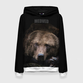 Женская толстовка 3D с принтом Русский MEDVED в Рязани, 100% полиэстер  | двухслойный капюшон со шнурком для регулировки, мягкие манжеты на рукавах и по низу толстовки, спереди карман-кенгуру с мягким внутренним слоем. | животные | звери | медведь | природа | русский медведь | черный