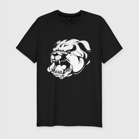Мужская футболка хлопок Slim с принтом Бульдог белый на черном в Рязани, 92% хлопок, 8% лайкра | приталенный силуэт, круглый вырез ворота, длина до линии бедра, короткий рукав | Тематика изображения на принте: dog | бульдог | животные | пес | природа | собака | собаки | собакчка | собачки