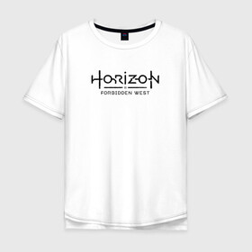 Мужская футболка хлопок Oversize с принтом Horizon Forbidden West в Рязани, 100% хлопок | свободный крой, круглый ворот, “спинка” длиннее передней части | Тематика изображения на принте: aloy | dawn | forbidden | horizon | west | zero | вест | нора | племя | форбидден | хорайзен | хоризон | элой