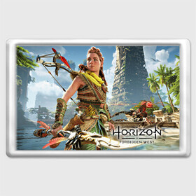 Магнит 45*70 с принтом Horizon Forbidden West в Рязани, Пластик | Размер: 78*52 мм; Размер печати: 70*45 | Тематика изображения на принте: aloy | dawn | forbidden | horizon | west | zero | вест | нора | племя | форбидден | хорайзен | хоризон | элой