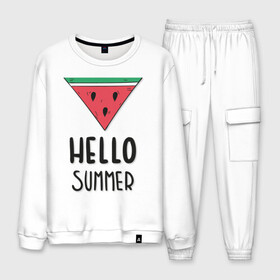 Мужской костюм хлопок с принтом HELLO SUMMER в Рязани, 100% хлопок | на свитшоте круглая горловина, мягкая резинка по низу. Брюки заужены к низу, на них два вида карманов: два “обычных” по бокам и два объемных, с клапанами, расположенные ниже линии бедра. Брюки с мягкой трикотажной резинкой на поясе и по низу штанин. В поясе для дополнительного комфорта — широкие завязки | Тематика изображения на принте: funny | happy | hello | icecream | rainbow | romantic | summer | sun | арбуз | веселье | значки | лето | отдых | отпуск | привет | романтика | солнце | счастье | тепло