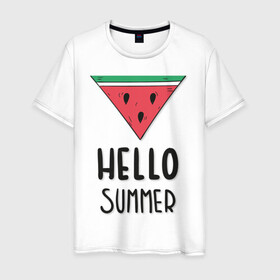 Мужская футболка хлопок с принтом HELLO SUMMER в Рязани, 100% хлопок | прямой крой, круглый вырез горловины, длина до линии бедер, слегка спущенное плечо. | funny | happy | hello | icecream | rainbow | romantic | summer | sun | арбуз | веселье | значки | лето | отдых | отпуск | привет | романтика | солнце | счастье | тепло