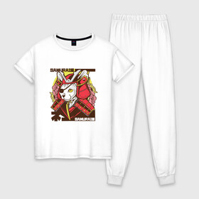 Женская пижама хлопок с принтом Японский кот самурай в Рязани, 100% хлопок | брюки и футболка прямого кроя, без карманов, на брюках мягкая резинка на поясе и по низу штанин | art | cat | cyberpunk samurai | ninja | oni | ronin | samurai | shogun | yakuza | арт | воин | воитель | киберпанк самурай | кошка | мерч | прикол | путь воина | путь война | ронин | сёгун | сепукку | токио | харакири | черный самурай