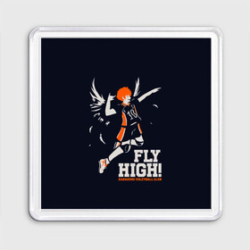 Магнит 55*55 с принтом fly high! Шоё Хината Haikyuu!! в Рязани, Пластик | Размер: 65*65 мм; Размер печати: 55*55 мм | 10 номер | anime | haikyu | haikyuu | hinata shoyo | karasuno | manga | аниме | волейбол | волейбольный клуб | иероглифы | карасуно | лети высоко | лого | манга | надпись | прыжок | старшая школа | хаику | хаикую