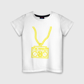 Детская футболка хлопок с принтом Золотой магнитофон на цепи в Рязани, 100% хлопок | круглый вырез горловины, полуприлегающий силуэт, длина до линии бедер | Тематика изображения на принте: бумбокс | золотая цепь | золото | магнитофон | музыка | цепь