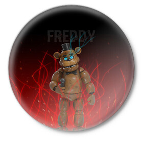 Значок с принтом FNAF FREDDY в Рязани,  металл | круглая форма, металлическая застежка в виде булавки | игры | искры | красный | стиль | фнаф | фредди