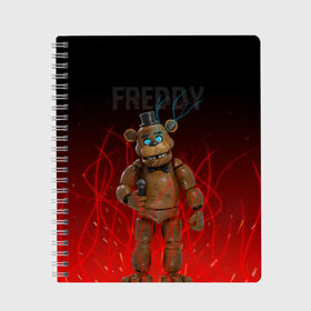 Тетрадь с принтом FNAF FREDDY в Рязани, 100% бумага | 48 листов, плотность листов — 60 г/м2, плотность картонной обложки — 250 г/м2. Листы скреплены сбоку удобной пружинной спиралью. Уголки страниц и обложки скругленные. Цвет линий — светло-серый
 | Тематика изображения на принте: игры | искры | красный | стиль | фнаф | фредди