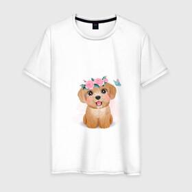 Мужская футболка хлопок с принтом Пудель и цветы в Рязани, 100% хлопок | прямой крой, круглый вырез горловины, длина до линии бедер, слегка спущенное плечо. | cute | dog | poodle | woof | гав | забавный | пес | песель | песик | пудель | смешной | собака | собачка | щенок