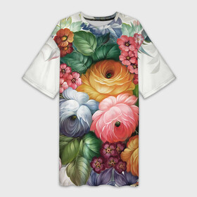 Платье-футболка 3D с принтом Розы на белом в Рязани,  |  | букет | декоративная роспись | живопись | жостово | жостовская роспись | розы | цветы
