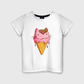 Детская футболка хлопок с принтом Cat Ice Cream в Рязани, 100% хлопок | круглый вырез горловины, полуприлегающий силуэт, длина до линии бедер | Тематика изображения на принте: animal | cat | cute | ice cream | kitty | meow | друг | еда | животные | киска | кися | китти | кот | котенок | котик | котэ | кошечка | кошка | мороженое | мур | мяу | питомец