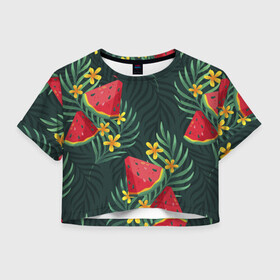 Женская футболка Crop-top 3D с принтом Арзуб и папоротник в Рязани, 100% полиэстер | круглая горловина, длина футболки до линии талии, рукава с отворотами | Тематика изображения на принте: арбуз | арт | иллюстрация | папоротник | цветок | ягода