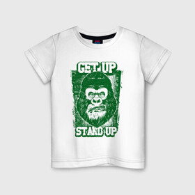 Детская футболка хлопок с принтом Get Up - Stand Up в Рязани, 100% хлопок | круглый вырез горловины, полуприлегающий силуэт, длина до линии бедер | Тематика изображения на принте: bob marley | get up | get up stand up | gorilla | stand up | боб марли | вставай | горилла | обезьяна