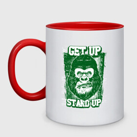 Кружка двухцветная с принтом Get Up - Stand Up в Рязани, керамика | объем — 330 мл, диаметр — 80 мм. Цветная ручка и кайма сверху, в некоторых цветах — вся внутренняя часть | bob marley | get up | get up stand up | gorilla | stand up | боб марли | вставай | горилла | обезьяна