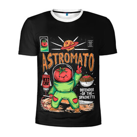 Мужская футболка 3D спортивная с принтом Astromato в Рязани, 100% полиэстер с улучшенными характеристиками | приталенный силуэт, круглая горловина, широкие плечи, сужается к линии бедра | alive | astronaut | defender | food | galaxy | ketchup | monster | moon | pizza | planet | space | spaghetti | tomato | vegetable | астронавт | галактика | еда | живая | живой | защитник | кетчуп | космос | луна | монстр | овощ | пицца | планета | помидор