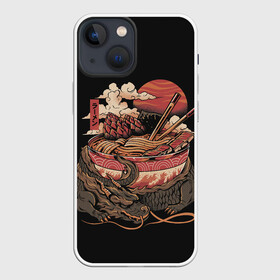 Чехол для iPhone 13 mini с принтом Ramen Protector в Рязани,  |  | chinese | clouds | dawn | defender | dragon | fire breathing | japan | monster | protector | ramen | reptile | sticks | sunset | дракон | закат | защитник | китайский | монстр | облака | огнедышащий | палочки | рамен | рамэн | рассвет | япония