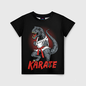 Детская футболка 3D с принтом KARATE T-REX в Рязани, 100% гипоаллергенный полиэфир | прямой крой, круглый вырез горловины, длина до линии бедер, чуть спущенное плечо, ткань немного тянется | animal | dinosaur | fight | fighter | hunter | karate | red | sport | strong | t rex | боец | бои | динозавр | карате | сила | спорт | тиранозавр | хищник