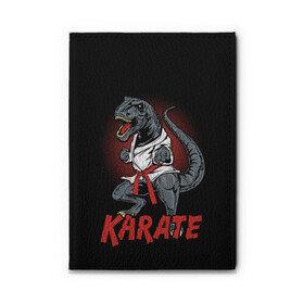 Обложка для автодокументов с принтом KARATE T-REX в Рязани, натуральная кожа |  размер 19,9*13 см; внутри 4 больших “конверта” для документов и один маленький отдел — туда идеально встанут права | Тематика изображения на принте: animal | dinosaur | fight | fighter | hunter | karate | red | sport | strong | t rex | боец | бои | динозавр | карате | сила | спорт | тиранозавр | хищник