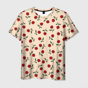 Мужская футболка 3D с принтом Прованс из роз в Рязани, 100% полиэфир | прямой крой, круглый вырез горловины, длина до линии бедер | flowers | girls | red roses | roses | vintage | букет | бутоны | винтаж | девушкам | женщинам | красные розы | красные цветы | листья | нарисованные цветы | подарок | природа | прованс | розы | узор | цветочный принт