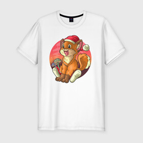 Мужская футболка хлопок Slim с принтом Новогодний лисёнок в Рязани, 92% хлопок, 8% лайкра | приталенный силуэт, круглый вырез ворота, длина до линии бедра, короткий рукав | арт | грибочки | дикое животное | иллюстрация | лисёнок