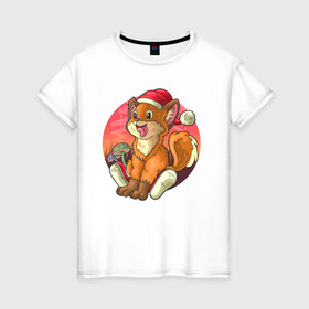 Женская футболка хлопок с принтом Новогодний лисёнок в Рязани, 100% хлопок | прямой крой, круглый вырез горловины, длина до линии бедер, слегка спущенное плечо | арт | грибочки | дикое животное | иллюстрация | лисёнок