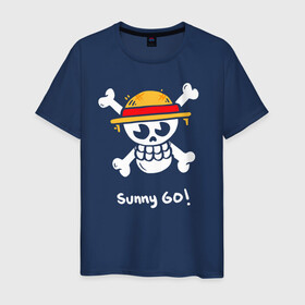 Мужская футболка хлопок с принтом Sunny Go! One Piece в Рязани, 100% хлопок | прямой крой, круглый вырез горловины, длина до линии бедер, слегка спущенное плечо. | Тематика изображения на принте: anime | manga | one piece | аниме | большой куш | ван пис | весёлый роджер | вон пис | король пиратов | логотип | манга | монки д. луффи | мугивары | перекрещённый костями | пират | пиратский флаг