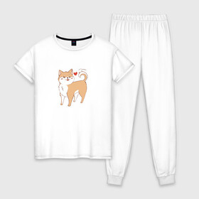 Женская пижама хлопок с принтом Сиба-Ину в Рязани, 100% хлопок | брюки и футболка прямого кроя, без карманов, на брюках мягкая резинка на поясе и по низу штанин | домашнее животное | животное | милая собака | сердечко | сиба ину | собака