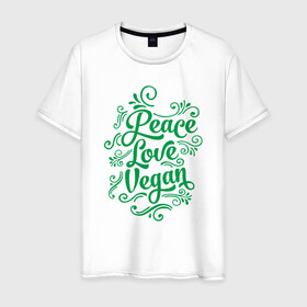 Мужская футболка хлопок с принтом Peace Love Vegan в Рязани, 100% хлопок | прямой крой, круглый вырез горловины, длина до линии бедер, слегка спущенное плечо. | Тематика изображения на принте: green | greenpaece | love | nature | peace | sport | vegan | yoga | веган | вегетарианец | гринпис | еда | животные | жизнь | здоровье | зеленый | йога | мир | овощи | пища | планета | природа | растение | спорт | тело | фрукты