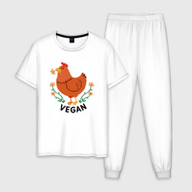 Мужская пижама хлопок с принтом Vegan Chicken в Рязани, 100% хлопок | брюки и футболка прямого кроя, без карманов, на брюках мягкая резинка на поясе и по низу штанин
 | green | greenpaece | nature | sport | vegan | yoga | веган | вегетарианец | гринпис | еда | животные | жизнь | здоровье | зеленый | йога | курица | мир | овощи | пища | планета | природа | растение | спорт | тело | фрукты